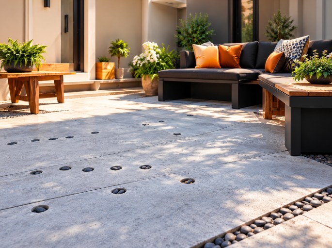 Level concrete patio with outdoor furniture