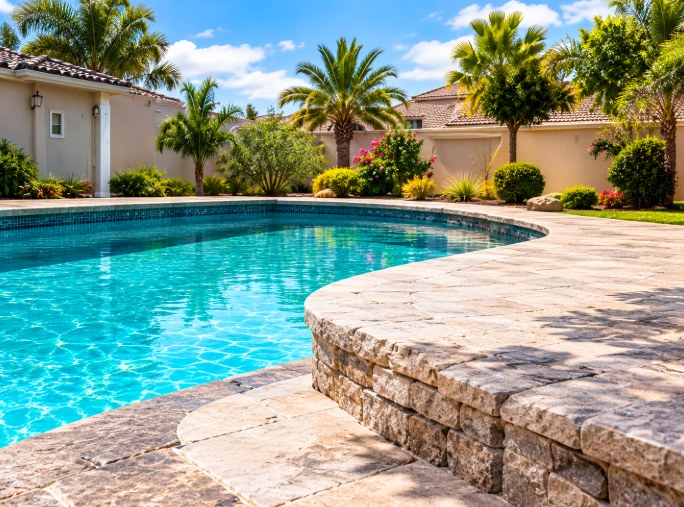 Level concrete pool deck beside a swimming pool