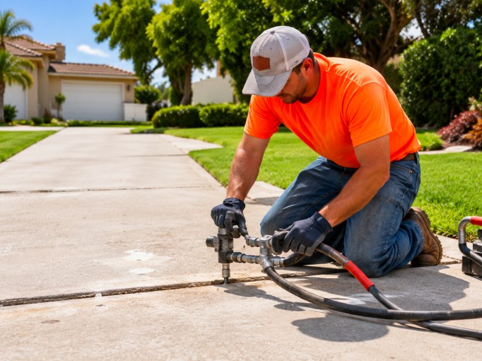 Contractor leveling a sunken sidewalk slab